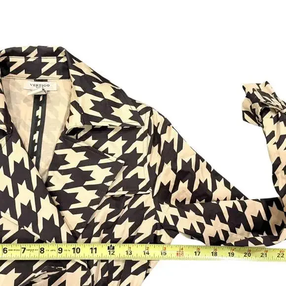 Women’s Vertigo Paris Tan and Brown Houndstooth Belted Trench Coat Sz xs - Picture 5 of 6